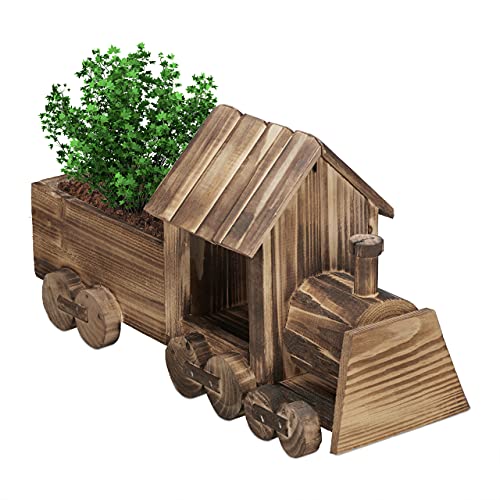 Relaxdays Blumenkarre, Eisenbahn, Garten Dekoration, geflammtes Holz, Blumentopf mit Folie, HBT: 21 x 38 x 13 cm, Natur von Relaxdays