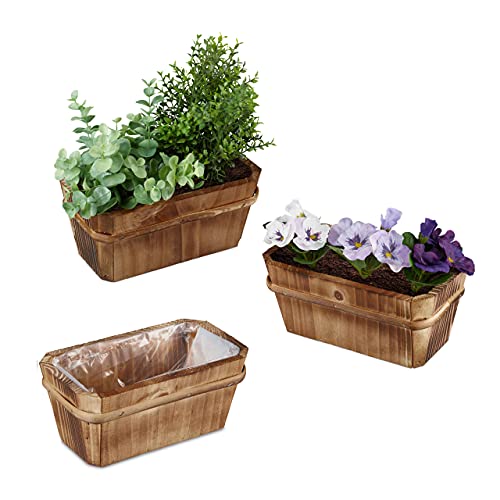 Relaxdays Blumenkasten 3er Set, Balkon & Fensterbank, kleine Holzblumenkästen, mit Folie, HBT: 8,5 x 19,5 x 11 cm, Natur von Relaxdays