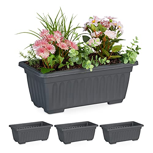 Relaxdays Blumenkasten 4er Set, drinnen & draußen, eckiger Blumentopf, HxBxT: 14 x 34 x 18,5 cm, Kunststoff, anthrazit von Relaxdays