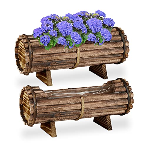 Relaxdays Blumenkasten Holz, 2er Set Pflanzkasten, HBT: 18 x 40 x 14 cm, draußen & drinnen, Pflanzfass mit Folie, braun, 10037609 von Relaxdays