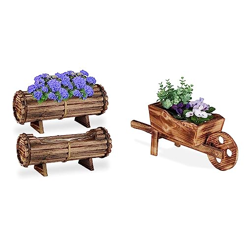 Relaxdays Blumenkasten Holz & Pflanzschubkarre, gebranntes Holz, Gartendeko, Vintage Design, zum Bepflanzen, HxBxT: 19 x 47 x 15 cm, Natur von Relaxdays