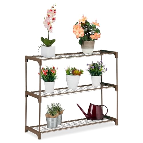Relaxdays Blumenregal, 3 Ablagen, Blumen- & Pflanzentöpfe, Metall & Kunststoff, HxBxT: 72x91x28 cm, Kräuterregal, braun von Relaxdays