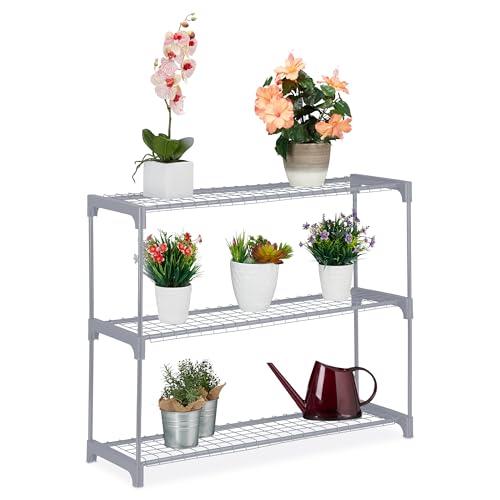 Relaxdays Blumenregal, 3 Ablagen, Blumen- & Pflanzentöpfe, Metall & Kunststoff, HxBxT: 72x91x28 cm, Kräuterregal, grau von Relaxdays