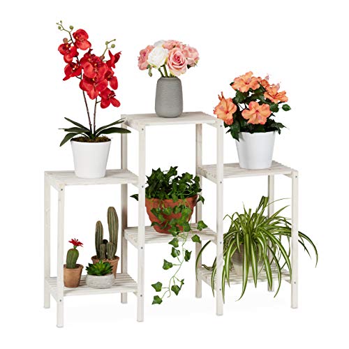Relaxdays Blumenregal Holz, 6 Ablagen für Pflanzen, dekorative Blumentreppe für Indoor, stehend, 70 x 89 x 26,5 cm, weiß, Medium von Relaxdays