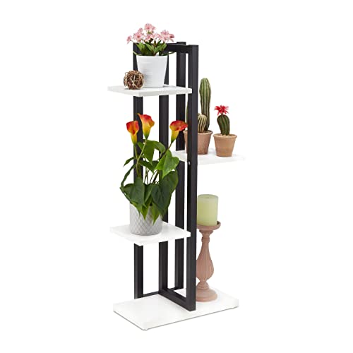 Relaxdays Blumenregal Metall, 4-stufige Indoor Blumentreppe, Holzoptik, HxBxT: 93 x 42,5 x 22,5 cm, Pflanzenregal, weiß von Relaxdays