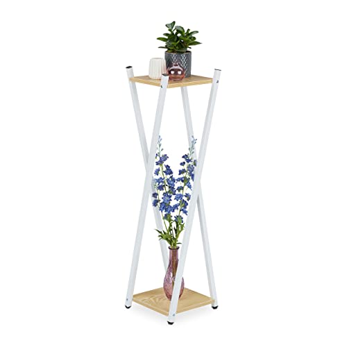 Relaxdays Blumenständer, 2 Etagen in Holzoptik, Metall, MDF, moderner Blumenhocker, HBT: 99 x 29 x 29 cm, weiß/Hellbraun von Relaxdays