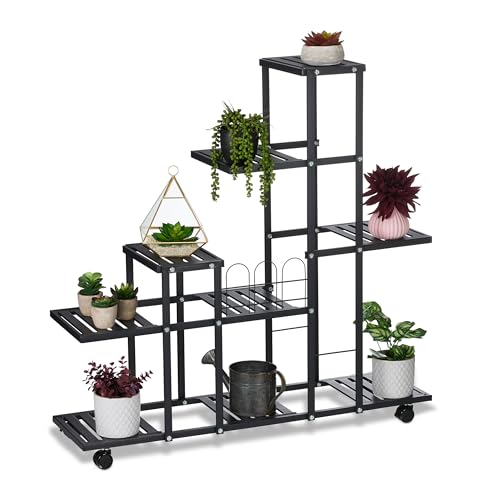 Relaxdays Blumenständer mit Rollen, H x B x T: 91,5 x 93 x 26 cm, Metall, 9 Ablagen, Pflanzenständer für innen, schwarz von Relaxdays