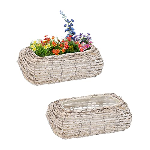 Relaxdays Blumentopf, 2er Set, Rattan, Pflanzentöpfe mit Folie, HBT: 10 x 25 x 15 cm, Pflanzkörbe für innen, weiß/Natur von Relaxdays