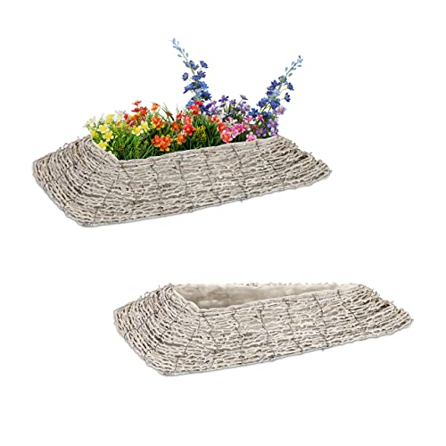 Relaxdays Blumentopf, 2er Set, Rattan, Pflanzentöpfe mit Folie, HBT: 10 x 55 x 25 cm, Pflanzkörbe für innen, weiß/Natur von Relaxdays