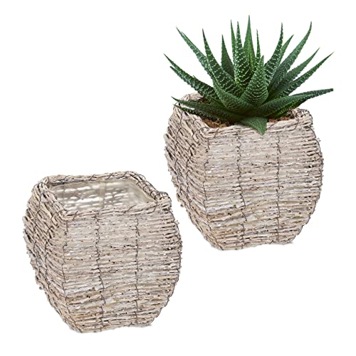 Relaxdays Blumentopf, 2er Set, Rattan, Pflanzentöpfe mit Folie, HBT: 20 x 20 x 20 cm, Pflanzkörbe für innen, weiß/Natur von Relaxdays