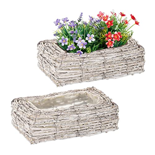 Relaxdays Blumentopf, 2er Set, Rattan, Pflanzentöpfe mit Folie, HxBxT: 8 x 27 x 17 cm, Pflanzkörbe für innen, weiß/Natur von Relaxdays