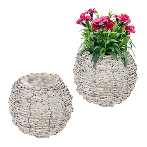 Relaxdays Blumentopf, 2er Set, Rattan, Pflanzentöpfe mit Folie, HxD: 17 x 20 cm, runde Pflanzkörbe für innen, weiß/Natur von Relaxdays