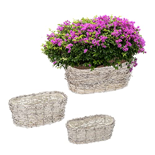 Relaxdays Blumentopf, 3 Verschiedene Größen, aus Rattan, Pflanzentöpfe mit Folie, Pflanzkörbe für drinnen, weiß/Natur von Relaxdays