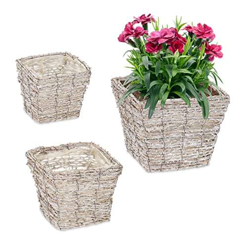 Relaxdays Blumentopf, 3er Set, Rattan, Pflanzentöpfe mit Folie, 3 Größen, quadratische Pflanzkörbe für innen, weiß/Natur von Relaxdays