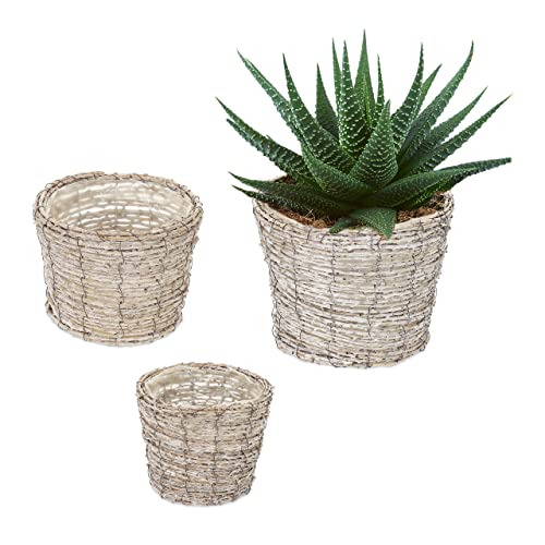 Relaxdays Blumentopf, 3er Set, Rattan, Pflanzentöpfe mit Folie, 3 Größen, runde Blumenübertöpfe für innen, weiß/Natur von Relaxdays