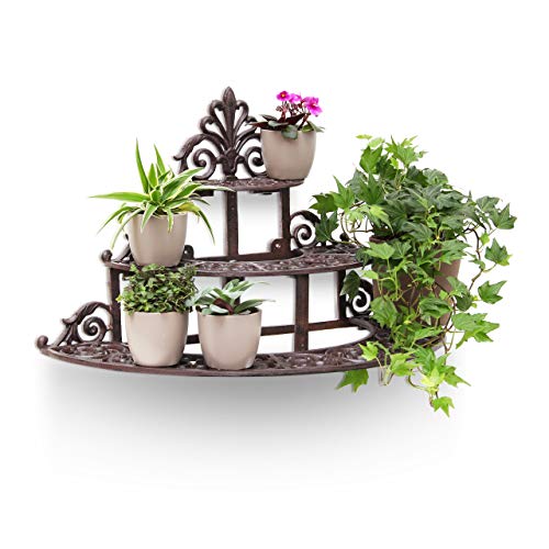 Relaxdays Blumentreppe rund aus Gusseisen HBT ca. 34 x 54 x 29 cm kleine Blumenbank für Blumen und Topfpflanzen auf Terrasse und Hof massives Regal mit 3 Ebenen im rustikalen Landhausstil, bronze von Relaxdays