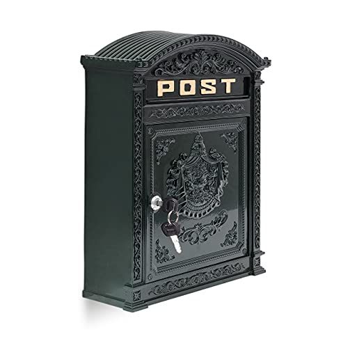 Relaxdays Briefkasten Antik Englischer Wandbriefkasten aus Aluguss mit breitem Briefschlitz für DIN A4 Umschläge HBT: 44,5 x 31 x 9,5 cm nostalgischer Postkasten mit rundem Dach, grün von Relaxdays