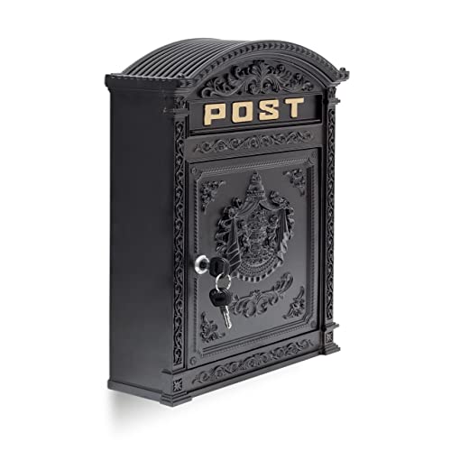 Relaxdays Briefkasten Antik Englischer Wandbriefkasten aus Aluguss mit breitem Briefschlitz für DIN A4 Umschläge HBT: 44,5 x 31 x 9,5 cm nostalgischer Postkasten mit rundem Dach, schwarz von Relaxdays