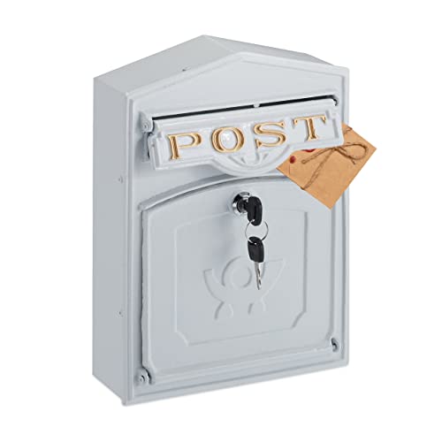 Relaxdays Briefkasten Retro, Goldener Post-Schriftzug, HBT: 31,5 x 23 x 9 cm, nostalgischer Postkasten, Aluguss, weiß Relaxdays Briefkasten Retro, Goldener Post-Schriftzug, HBT: 31,5 x 23 x 9 cm, nostalgischer Postkasten, Aluguss, weiß von Relaxdays