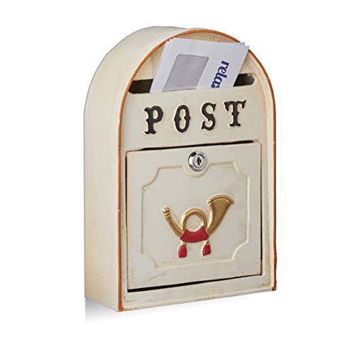 Relaxdays Briefkasten antik, Western Vintage Style, Shabby-Chic, Posthorn-Relief, Metall, HxBxT: 30 x 20 x 8 cm, beige von Relaxdays