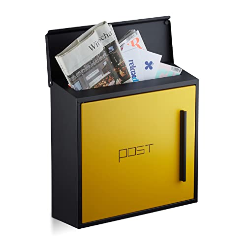 Relaxdays Briefkasten gelb modern Zweifarben Design, DIN-A4 Einwurf, Stahl, groß, HxBxT: 33 x 35 x 12,5 cm, schwarz-gelb von Relaxdays