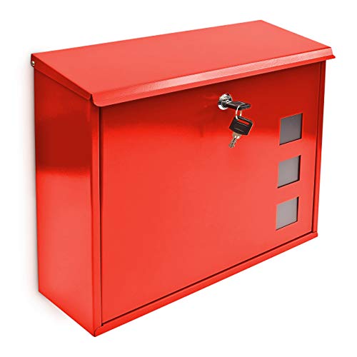 Relaxdays Briefkasten, Dekor-Fenster, 2 Schlüssel, Montagematerial, 33 x 34,5 x 10,5 cm, Metall, Postkasten, rot von Relaxdays