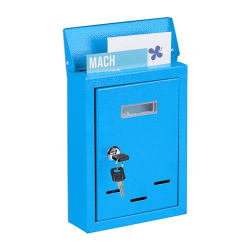 Relaxdays Briefkasten mit Namensschild, aus Metall, mit 2 Schlüsseln, Postkasten schmal, HxBxT: 26,5 x 19 x 6,5 cm, blau von Relaxdays