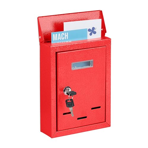 Relaxdays Briefkasten mit Namensschild, aus Metall, mit 2 Schlüsseln, Postkasten schmal, HxBxT: 26,5 x 19 x 6,5 cm, rot, 1 Stück von Relaxdays