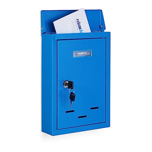 Relaxdays Briefkasten mit Namensschild, aus Metall, mit 2 Schlüsseln, Postkasten schmal, HxBxT: 30,5 x 21 x 7 cm, blau, 90% Eisen 10% Kunststoff, 1 Stück von Relaxdays