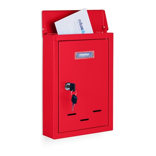 Relaxdays Briefkasten mit Namensschild, aus Metall, mit 2 Schlüsseln, Postkasten schmal, HxBxT: 30,5 x 21 x 7 cm, rot von Relaxdays