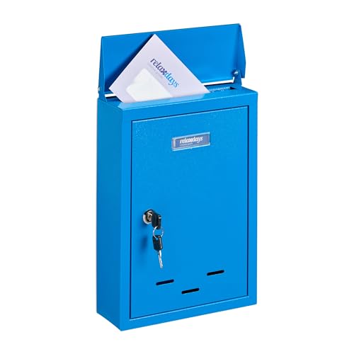Relaxdays Briefkasten mit Namensschild, aus Metall, mit 2 Schlüsseln, Postkasten schmal, HxBxT: 35,5 x 24 x 9 cm, blau, 1 Stück von Relaxdays