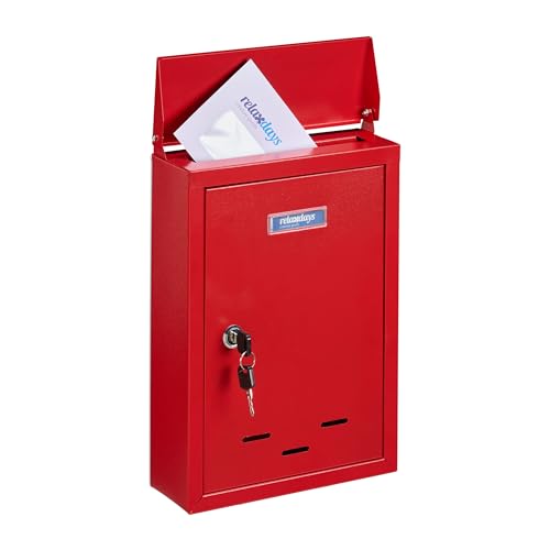 Relaxdays Briefkasten mit Namensschild, aus Metall, mit 2 Schlüsseln, Postkasten schmal, HxBxT: 35,5 x 24 x 9 cm, rot von Relaxdays
