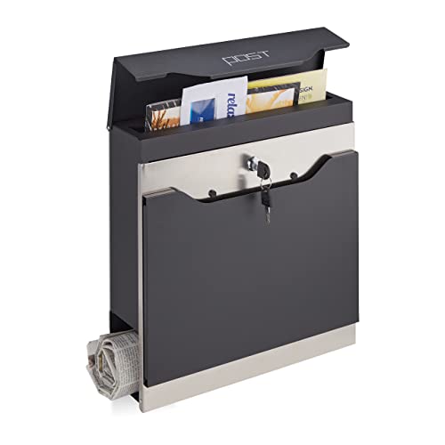 Relaxdays Briefkasten mit Zeitungsfach, modern, abschließbar, Postbox HxBxT: 37 x 37 x 11 cm, Stahl, schwarz/silber von Relaxdays
