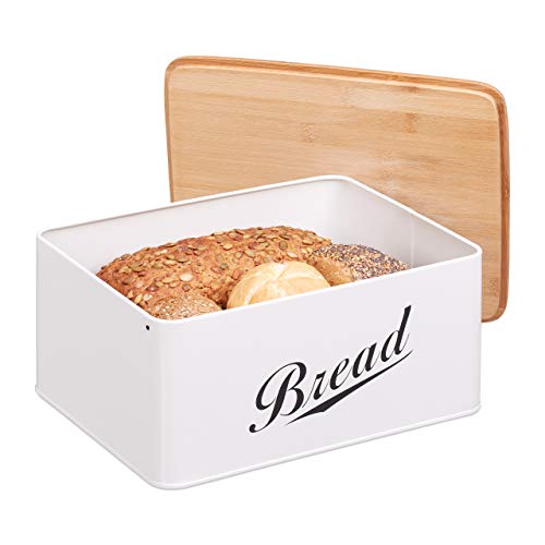 Relaxdays Brotkasten, Brotbox in Retro Design, Bambusdeckel, mit Aufschrift "Bread", Metall, 14 x 30,5 x 23,5 cm, weiß 10024603 von Relaxdays