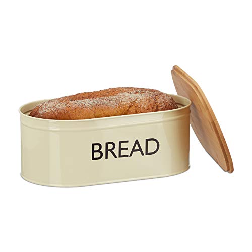 Relaxdays Brotkasten Retro XL, mit Bambusdeckel, runde Brotbox mit Schriftzug BREAD, HBT: 14 x 36 x 20 cm, beige/natur von Relaxdays