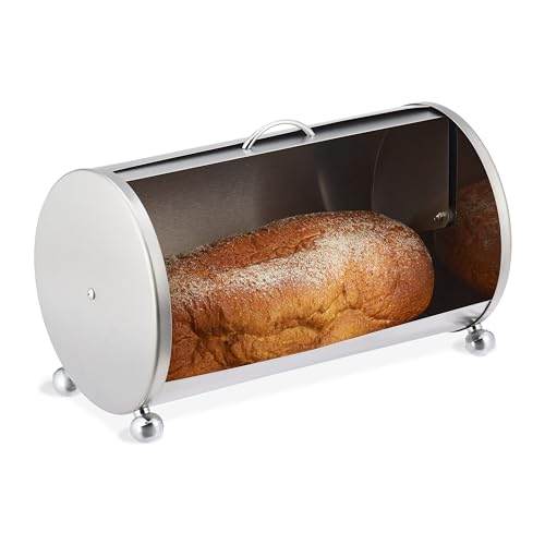 Relaxdays Brotkasten aus Edelstahl, runde Brot Aufbewahrungsbox, H x B x T: 21 x 36,5 x 20 cm, Brotaufbewahrung, Silber von Relaxdays