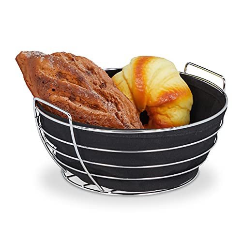 Relaxdays Brotkorb Metall, mit entnehmbarem Stoffeinsatz, rund, Frühstückskorb für Brot & Brötchen, Ø 23 cm, schwarz von Relaxdays
