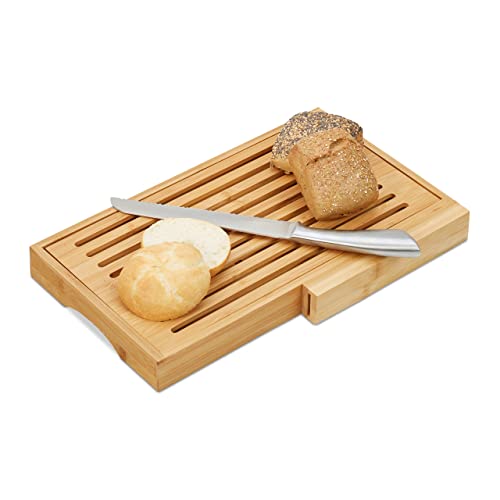 Relaxdays Brotschneidebrett, praktisches Brotbrett mit Messer aus Edelstahl, Krümelrost, Bambus, HBT, Holzfarbe/Silber, Hellbraun von Relaxdays