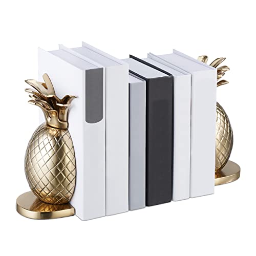 Relaxdays Buchstütze Ananas, 2er Set, aus Metall, HxBxT: 21 x 8 x 13 cm, stilvolle Bücherhalterung für Regale, Gold von Relaxdays