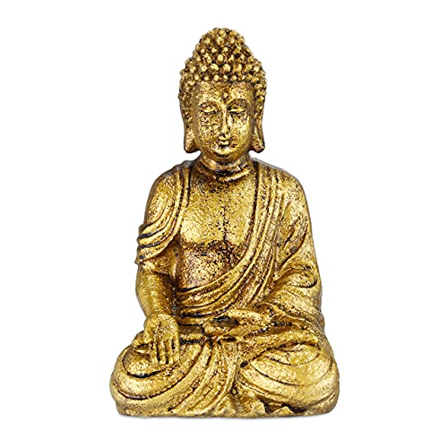 Relaxdays Buddha Figur Garten, wetterfest & frostsicher, Gartenbuddha sitzend, Gartenfigur, HxBxT: 17 x 10 x 7 cm, Gold von Relaxdays