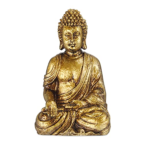 Relaxdays Buddha Figur Garten, wetterfest & frostsicher, Gartenbuddha sitzend, Gartenfigur HBT 30 x 18,5 x 12,5 cm, Gold von Relaxdays