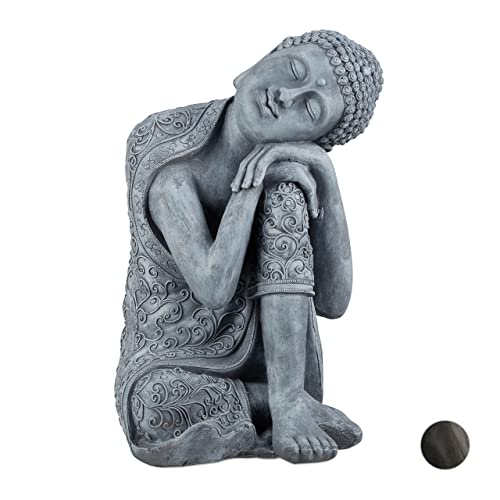 Relaxdays Buddha Figur geneigter Kopf, XL 60cm, Asia Deko, Gartenfigur, Dekofigur Wohnzimmer, frost- & wetterfest, grau von Relaxdays