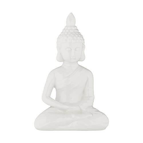 Relaxdays Buddha Figur sitzend, 17 cm hoch, Garten-Dekofigur, wetterfest & frostsicher, Dekoskulptur Wohnzimmer, weiß von Relaxdays