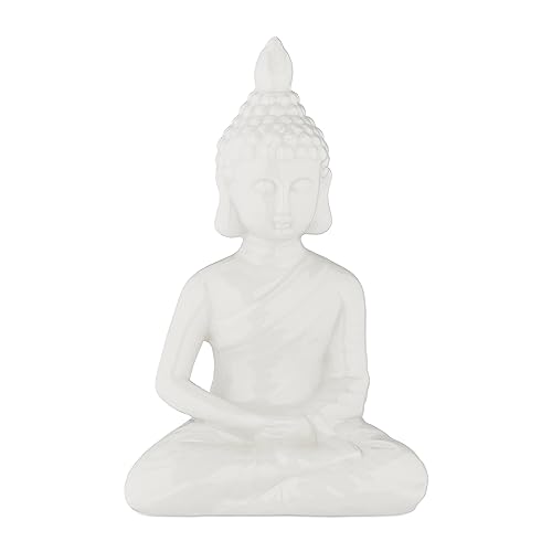 Relaxdays Buddha Figur sitzend, 18 cm hoch, Garten-Dekofigur, wetterfest & frostsicher, Dekoskulptur Wohnzimmer, weiß, Keramik von Relaxdays
