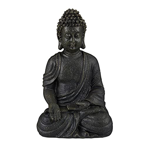 Relaxdays Buddha Figur sitzend, 30 cm, Gartenfigur, Dekofigur Wohnzimmer, Polyresin, wetterfest, frostsicher, dunkelgrau von Relaxdays