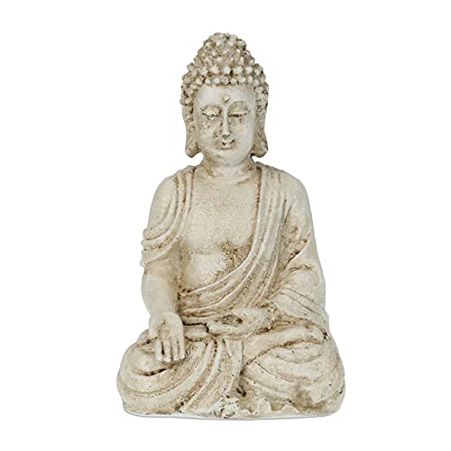 Relaxdays Buddha Figur sitzend, wetterfest, frostsicher, Gartenstatue, Zen Dekofigur HBT: 17,5 x 10,5 x 7,5cm, cremeweiß von Relaxdays