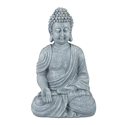 Relaxdays Buddha Figur sitzend 18cm, Dekofigur für Wohnzimmer, Bad und Garten, feuchtigkeitsresistent, Kunststein, grau von Relaxdays