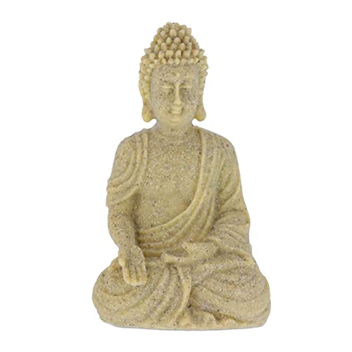Relaxdays Buddha Figur sitzend 18cm, Dekofigur für Wohnzimmer und Bad, feuchtigkeitsresistent, Kunststein, Sand von Relaxdays