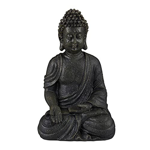 Relaxdays Buddha Figur sitzend 18cm, Dekofigur für Wohnzimmer und Bad, feuchtigkeitsresistent, Kunststein, dunkelgrau von Relaxdays