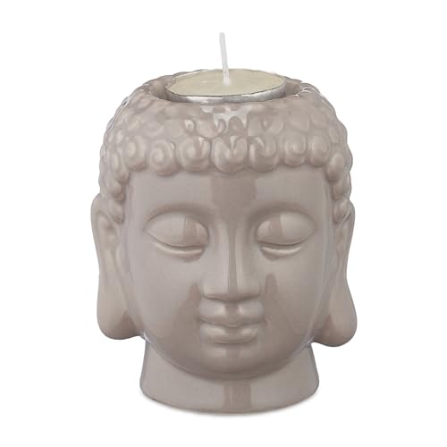 Relaxdays Buddha Teelichthalter, Keramik, Buddha-Kopf für Teelicht, Zen-Deko für Wohnzimmer & Bad, Feng Shui Deko, grau, 1 Stück von Relaxdays